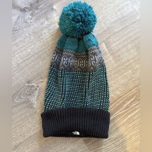 The NORTH FACE  FAIR ISLE Beanie Hat Pom Pom Teal Blue Winter Snow